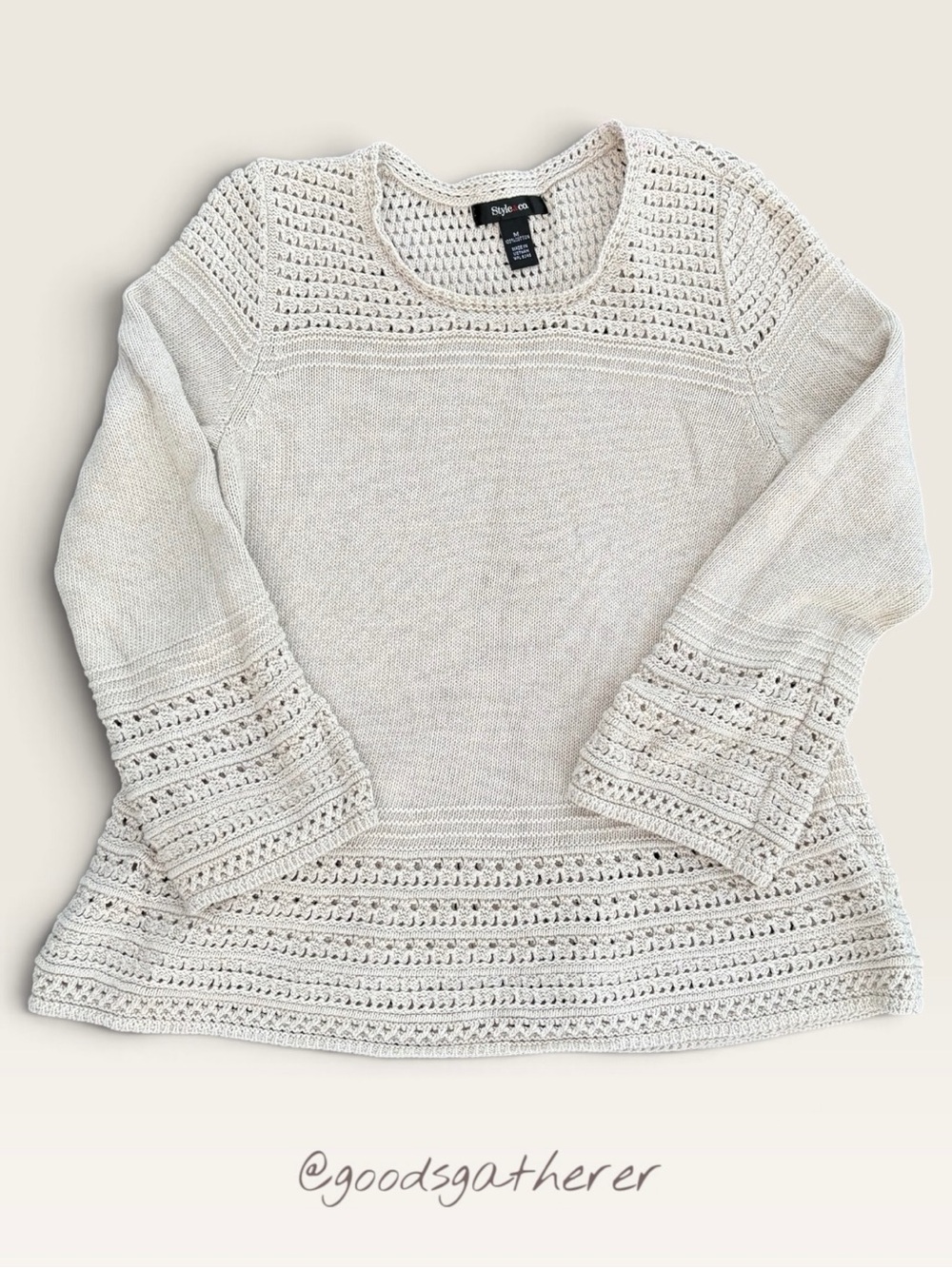 100% Cotton Style & Co Cream Crochet Open Knit Bell Sleeve Sweater M